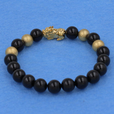 Vòng tay thạch anh đen 8 ly - cẩn Tỳ Hưu inox vàng VTAETHVB8 - hợp mệnh Thủy, mệnh Mộc