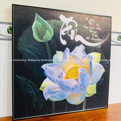 (CÓ ẢNH THẬT) Tranh treo tường chữ tâm và hoa sen trắng có khung tặng kèm đinh treo