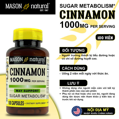 Cinnamon 1000mg Mason Natural Hộp 100 viên ổn định đường huyết hỗ trợ tiểu đường từ Quế nguyên chất