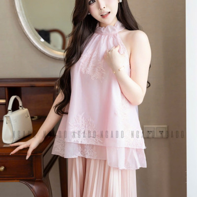 Áo yếm hồng thêu hoa NGADO , ào kiểu nữ , áo hở vai