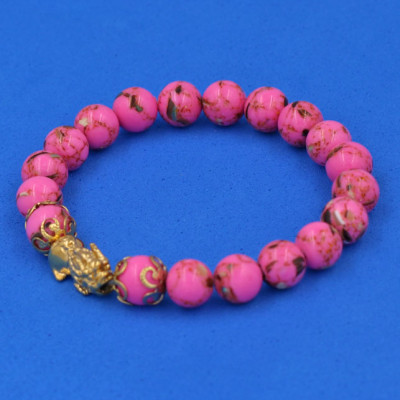 Chuỗi đeo tay San Hô Hồng Sen Sọc 8 ly - cẩn Tỳ Hưu Phong Thủy inox vàng VSHHPSTHHKV8