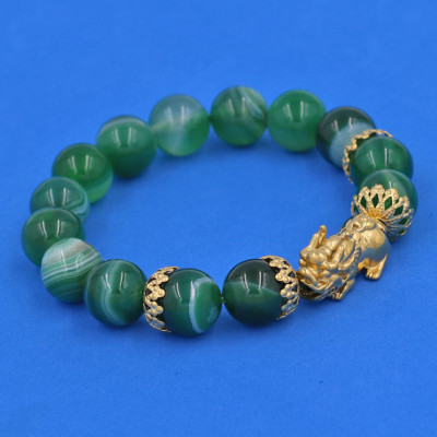 Vòng tay Thạch Anh Xanh Lá Sọc 12 ly - Vòng tay Tỳ Hưu Phong Thủy Chiêu Tài Lộc inox vàng VTAXLSTHBKV12