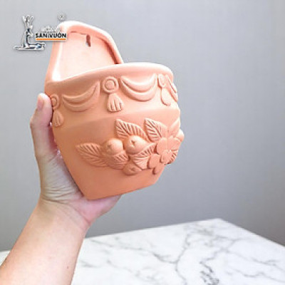 Chậu Ốp Tường Đất Nung Dáng Trứng Dẹp Hoa Văn Tinh Xảo | Trang Trí Treo Tường | Rustic Balcony Planter