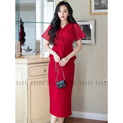 Set áo váy đỏ cổ tim NGADO , Set đồ nữ , Set áo váy thiết kế