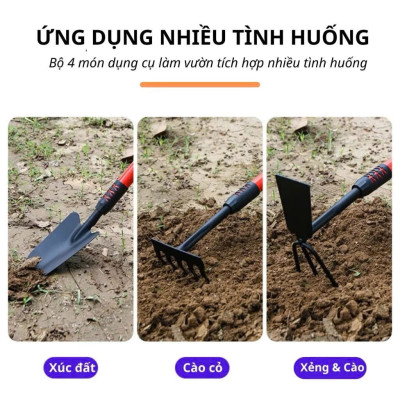 Bộ 4 Dụng Cụ Làm Vườn Mini Thép Sơn Tĩnh Điện Bền Đẹp – Xẻng Cào Cuốc 2 Đầu Tay Cầm Bọc Cao Su Chống Trượt – Dụng Cụ Trồng Hoa Rau Cây Cảnh, Đào Xới Đất Chăm Sóc Vườn Tại Nhà - HÀNG CHINH HÃNG MINIIN