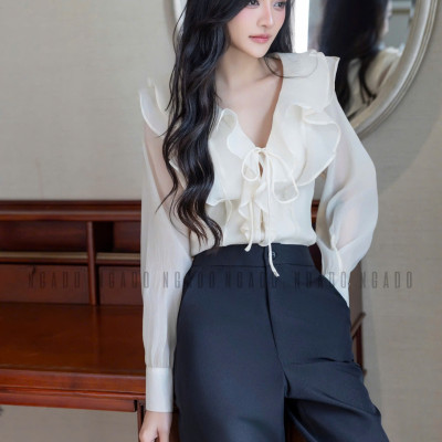 Áo sơ mi kem dài tay NGADO , áo voan tơ , áo công sở