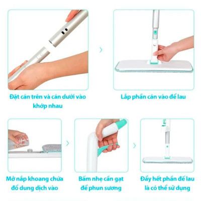 Combo 3 Bông Lau + 1 Cây Lau Nhà MyJae Sợi Microfiber Tự Vắt Phun Sương Xoay 360 Độ Thông Minh 138cm