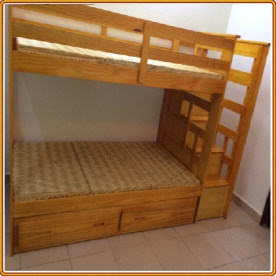 Giường 2 tầng nhập khẩu Tundo kèm 2 hộc kéo cầu thang đảo chiều màu vàng