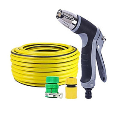 Bộ dây vòi xịt nước rửa xe, tưới cây tăng áp 3 lần cút nhựa nối nhựa vàng loại 15m 206817