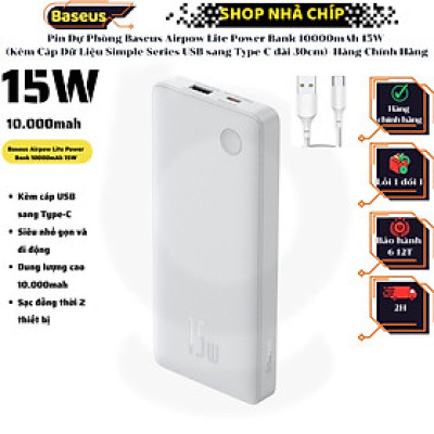 Pin Dự Phòng Baseus Airpow Lite Power Bank 10000mAh 15W (Kèm Cáp Dữ Liệu Simple Series USB sang Type-C dài 30cm)- Hàng Chính Hãng
