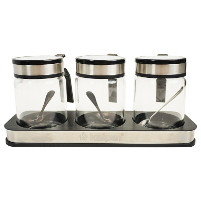 Bộ 3 hũ thủy tinh đựng gia vị 300ml Kalpen SB2 kèm khay và muỗng Inox