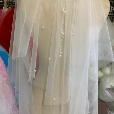 Voan cài tóc cô dâu trắng kem ngắn ngang lưng mẫu mới 2020 sp2878