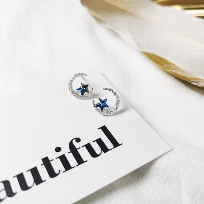 Khuyên tai bạc 925 trăng sao xanh đính đá lấp lánh long lanh nổi bật trẻ trung thanh lịch Dế Bạc - K5359