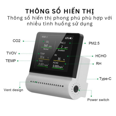 Thiết bị đo chất lượng không khí JMS-16: Màn hình cảm ứng 3,2 inch, đo chính xác TVOC, CO2, PM2.5, PM10, formaldehyde (HCHO), nhiệt độ và độ ẩm; pin lithium 1500mAh, cảnh báo ô nhiễm thời gian thực; kết nối qua app di động tiện lợi - Hàng Nhập Khẩu