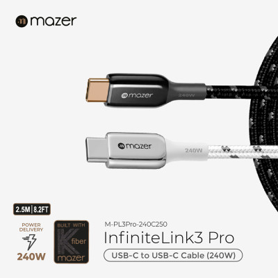 Dây cáp sạc nhanh Mazer C to C 240W InfiniteLINK 3 Pro vỏ bện nylon, đầu cắm mạ vàng (2.5m) - Hàng Chính Hãng
