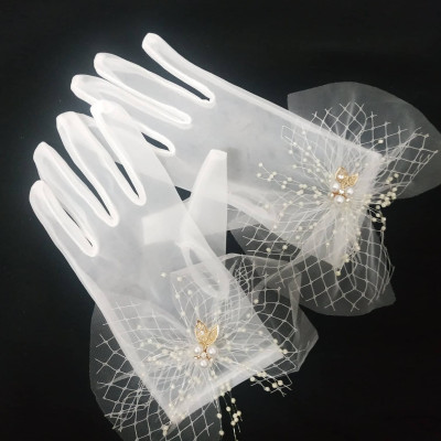 Găng tay trong suốt đính ren lưới, ngọc trai cho Cô dâu và Dạ hội, đi tiệc, sự kiện, lễ hội, chụp ảnh MS: 43854
