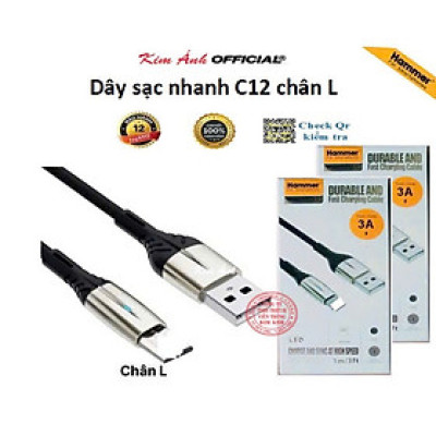 Dây sạc nhanh 3A Hiệu Ham mer ( H-C12-I ), Chân L  Có đèn báo, Hàng chính hãng bảo hành 12 tháng