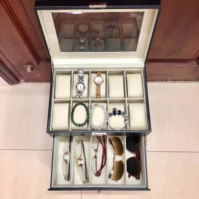 Hộp 2 Tầng Đựng Đồng Hồ Và Mắt Kính SAIKE SAIKE S555 Vỏ Da Màu Đen