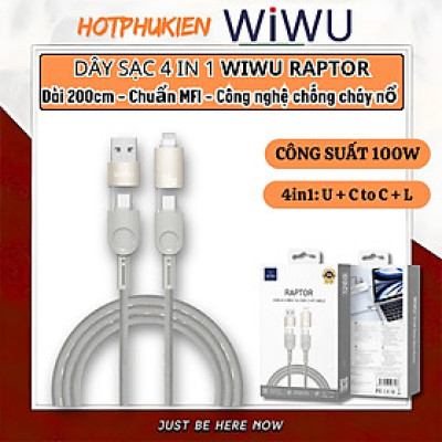 Cáp Sạc Đa Năng 4in1 sạc nhanh 100W dài 200cm USB-C + USB-A ra Type-C + L cho iPhone / cho iPad/ cho Macbook Laptop / Điện thoại thông minh hiệu WIWU Raptor - Chống Rối, Siêu Bền, Chip Thông Minh Tích Hợp, Sạc An Toàn - Hàng nhập khẩu