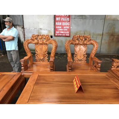 Bộ Bàn Ghế Gỗ Phòng Khách Rồng Đỉnh Gỗ Gõ Đỏ 10 món