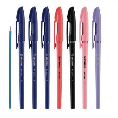 Bộ 7 bút bi nắp STABILO Re-Liner F 0.7mm + ruột mực xanh BP868R (BP868F-C7R)