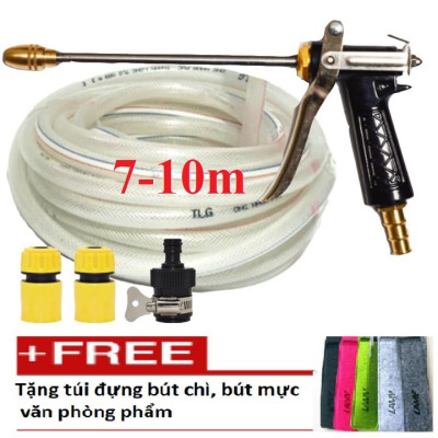Bộ dây vòi xịt nước rửa xe, tưới cây . tăng áp 3 lần, loại 7m,10m 206318 đầu đồng,cút,nối đen + tặng túi đựng bút