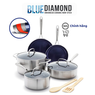 Quánh chống dính có miệng rót thép không gỉ phủ tinh thể kim cương cao cấp Blue Diamond 16cm có nắp kính