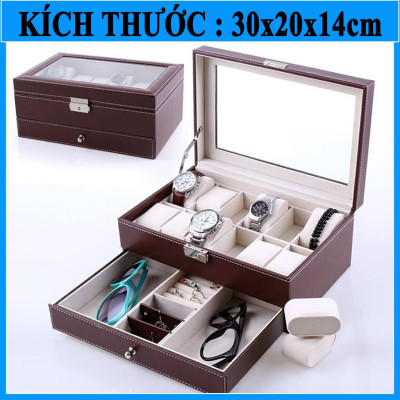 Hộp Đựng Đồng Hồ Nam Nữ  2 Tầng 21 Ngăn Bọc Da Cao Cấp Có Mút Silicon Chống Xước Mặt Đồng Hồ - Hàng Chính Hãng MINIIN