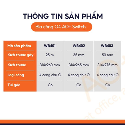 Bìa Còng O4 Switch ON AO+, Nhựa PP/ A4, 4 Nhẫn O (25/35/50 mm)