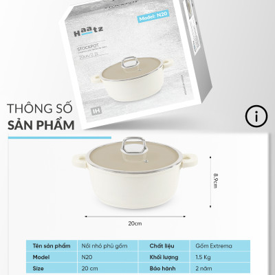 Nồi chống dính phủ gốm Hàn Quốc dung tích 2.2L size 20cm