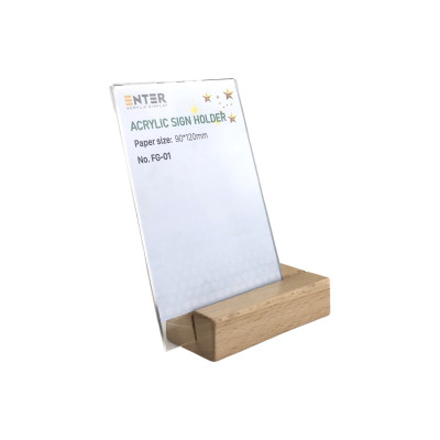 Kệ mica 1 mặt đế gỗ Enter FG-01 90x120mm, Kệ thông tin sản phẩm, Standee mica để bàn, Bảng quét mã QR Code