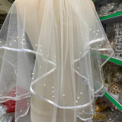 Voan cô dâu trắng kem có sẵn lược cài viền vải đính hạt trai mẫu bán chạy 2020 giangpkc