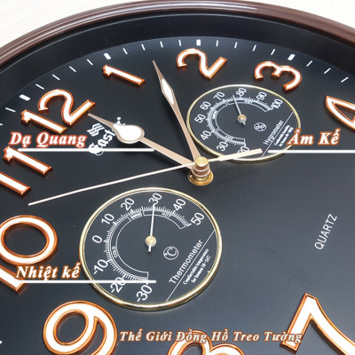 Đồng Hồ Treo Tường Có DẠ QUANG Và NHIỆT ẨM KẾ CƠ (Không Dùng Pin) - Máy EASTAR KIM TRÔI - SỐ NỔI 3D - Tặng Pin Maxell