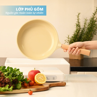 Chảo chiên chống dính phủ gốm Hàn Quốc size 24cm cán gỗ đáy từ