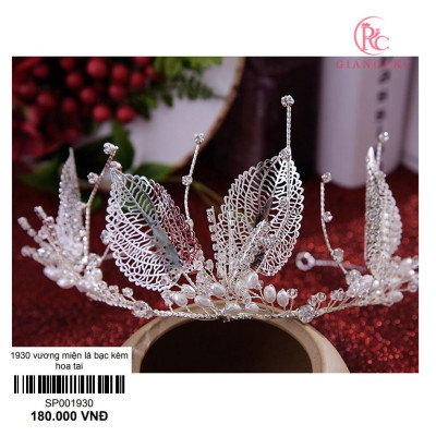 Vương miện cô dâu lá bạc đính hạt trai kèm bông tai Giangpck Sp001930