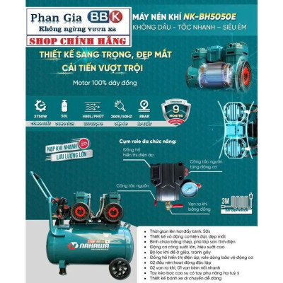 [chính hãƞg] Máy nén khí không dầu, tốc nhanh, siêu êm NAKAWA 50L - 5.0HP, 100% Dây đồng, Bảo hành 1 năm