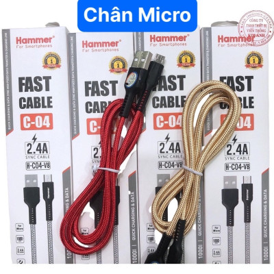 Dây sạc nhanh Ham mer C04 chân cắm Micro (V8) dòng điện 5v-2.4A, dây dù sạc nhanh hàng chính hãng, check Qr kiểm tra