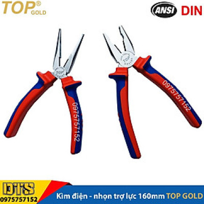 Bộ 2 kìm điện - nhọn trợ lực chuyên nghiệp TOP GOLD 160mm, thép Hi-Cr cao cấp, thiết kế cộng lực tiết kiệm 50% lực bấm