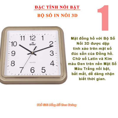 Đồng hồ Treo Tường KIM TRÔI EASTAR CAO CẤP - Mặt Vuông - Viền Kim Tuyến - Số nổi Ánh kim - Bảo Hành 1 Năm - Tặng Pin Maxell