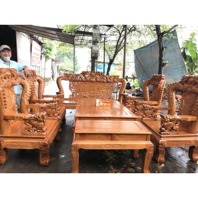 Bộ Bàn Ghế Gỗ Phòng Khách Rồng Đỉnh Gỗ Gõ Đỏ 10 món