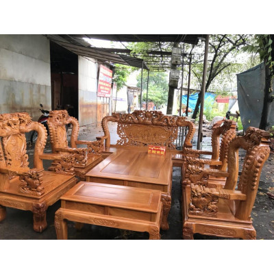 Bộ Bàn Ghế Gỗ Phòng Khách Rồng Đỉnh Gỗ Gõ Đỏ 10 món