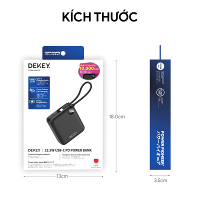 Pin Sạc Dự Phòng 10.000mAh Sạc nhanh 22.5W USB-C PD Power Bank DEKEY Power Pioneer kèm cáp sạc, chính hãng Dekey Japan_ Hàng chính hãng