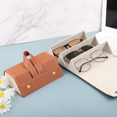 Hộp Đựng Mắt Kính 3 Ngăn Da Pu Gấp Gọn Cuộn Tròn Tiện Dụng