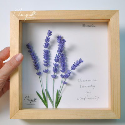 Tranh Hoa Giấy Handmade Trang Trí - Hoa Oải Hương MAYPAPERFLOWER Khung Gỗ Size 19x19cm