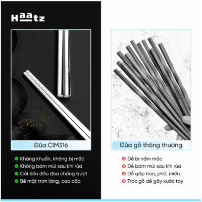 Bộ Đũa inox 10 Đôi Haatz CIM316 - Đũa inox 316L Siêu Bền, An Toàn Cho Sức Khoẻ, Bảo Hành 24 Tháng