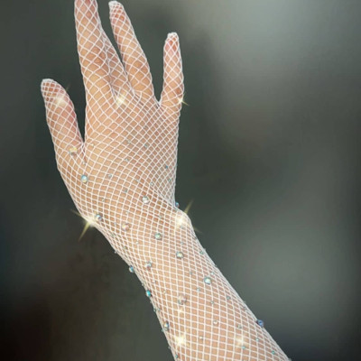 Găng tay sang chảnh màu trắng dạng lưới đính đá lấp lánh cho Cô dâu và Dạ hội, đi tiệc, sự kiện, lễ hội MS: 44146