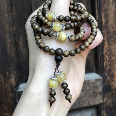 Vòng Tay Trầm Hương phối Đá Tóc Vàng cùng charm bạc thái - bình an, may mắn, tài lộc