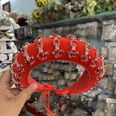 Mấn Mỹ nhân mấn cô dâu dùng cho áo dài cưới 11/2020 GiangPKC mấn tròn nhung đỏ đính đá đỏ