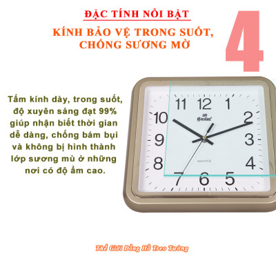 Đồng hồ Treo Tường KIM TRÔI EASTAR CAO CẤP - Mặt Vuông - Viền Kim Tuyến - Số nổi Ánh kim - Bảo Hành 1 Năm - Tặng Pin Maxell