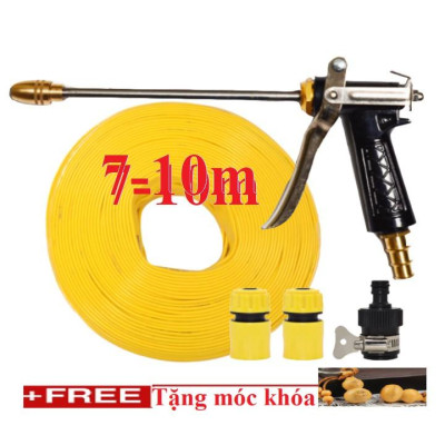 Bộ dây vòi xịt nước rửa xe, tưới cây . tăng áp 3 lần, loại 7m, 10m 206318 đầu đồng,cút,nối đen + tặng móc khoá